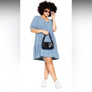 City Chic Blue Cuffed Sleeve Crew Neck Sundress